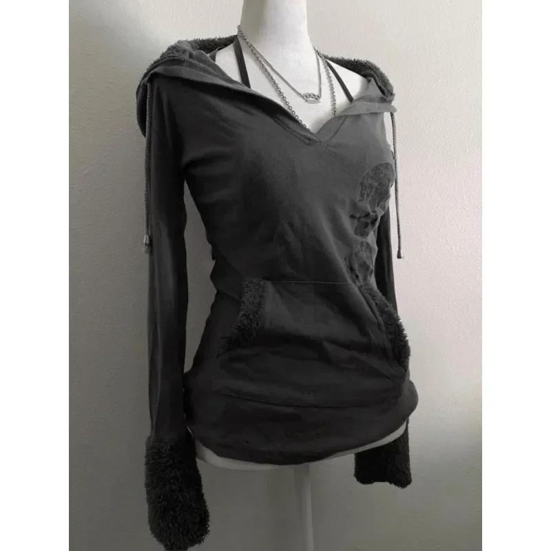 Американская ретро-субкультура Y2K, серая футболка с длинными рукавами, оригинальная толстовка с капюшоном в старом стиле, облегающий женский топ для улицы, осенняя мода