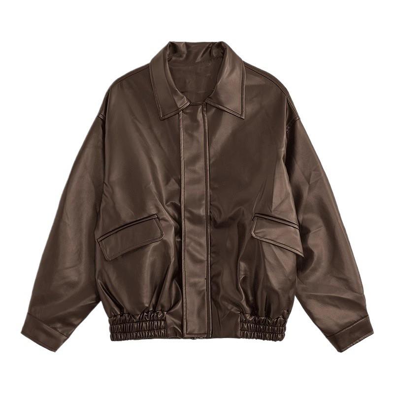 Womens Brown PU Leather Jacket Short Loose Fit Vintage Style Motorcycle Biker Coat