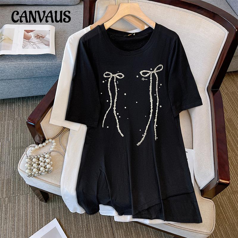Длинная футболка с коротким рукавом, женская модная футболка больших размеров со свежим бантом и принтом