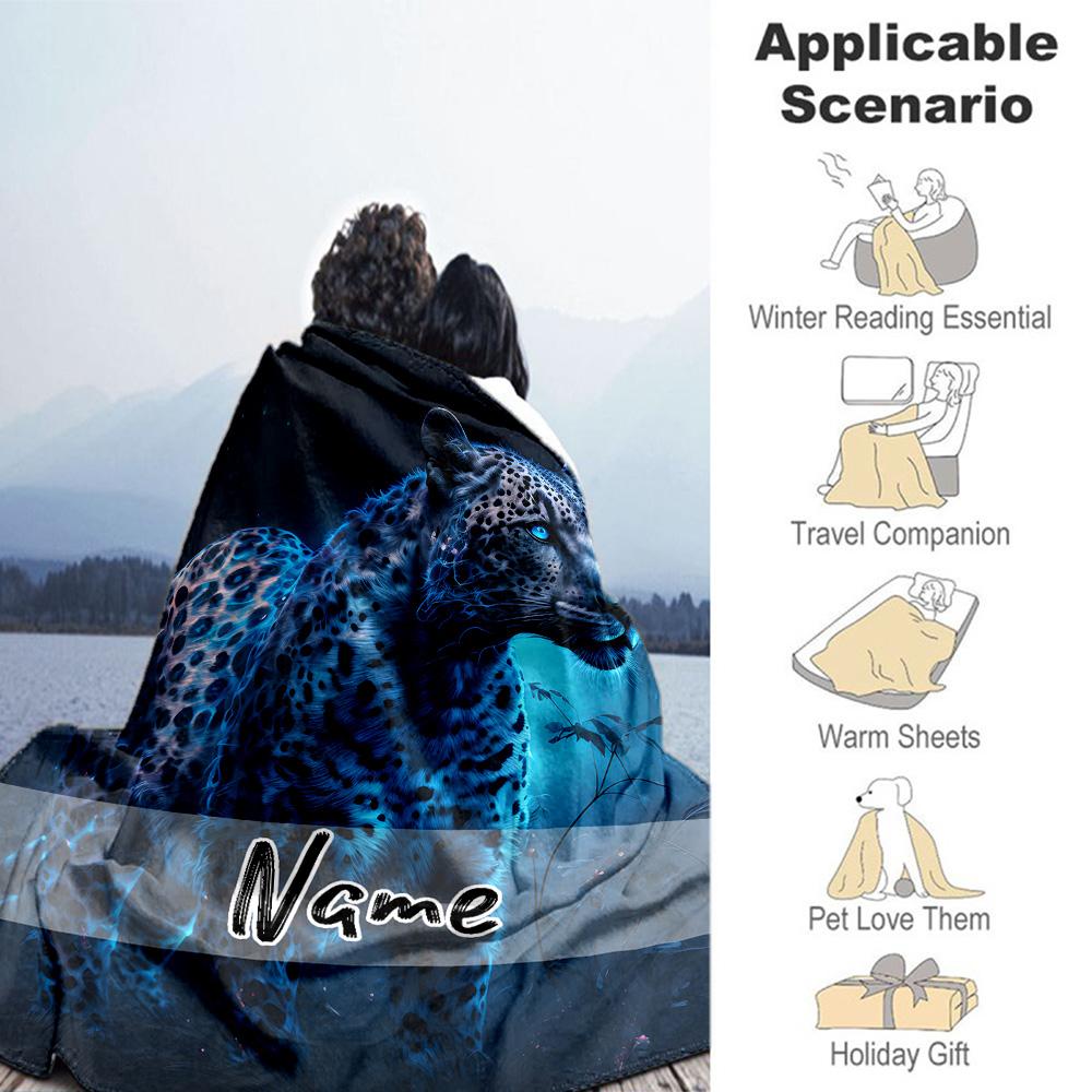 Blue Leopard Customize Your Name Blanket Lightweight Personalized Blanket Soft & Cozy Throw For Couch Chair Livingroom Office Chair