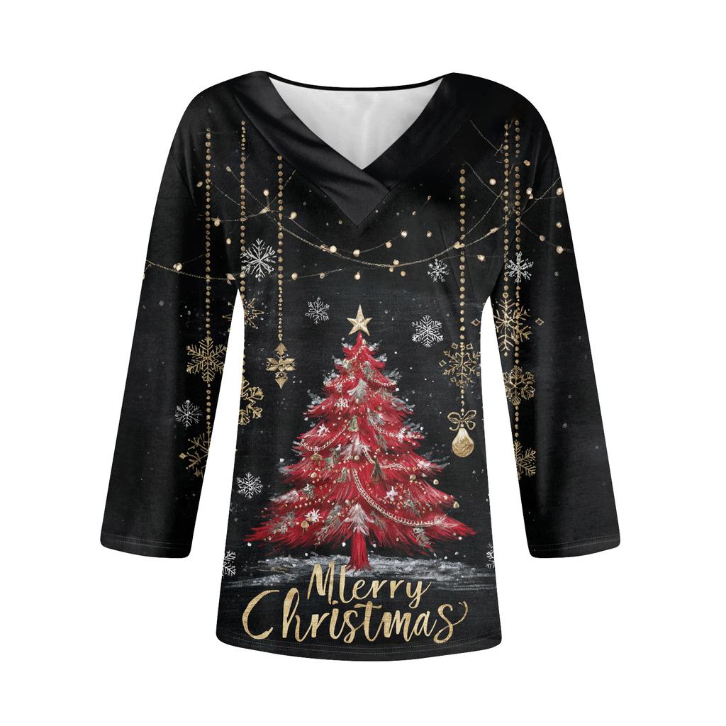 Women's Loose Comfortable Casual Fashion V-Neck Christmas Print 3/4 Sleeve Top