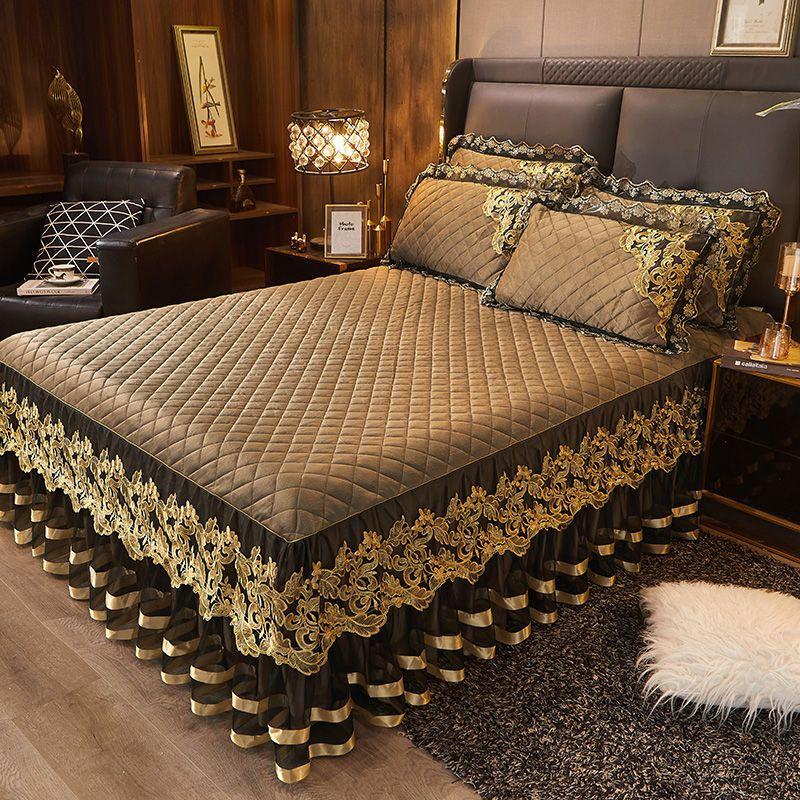 3 шт. Утолщенная кружевная юбка для кровати на осень и зиму, Кружевная накидка на кровать из кристального бархата, Мягкая и удобная, Постельное белье для спальни и гостевой комнаты