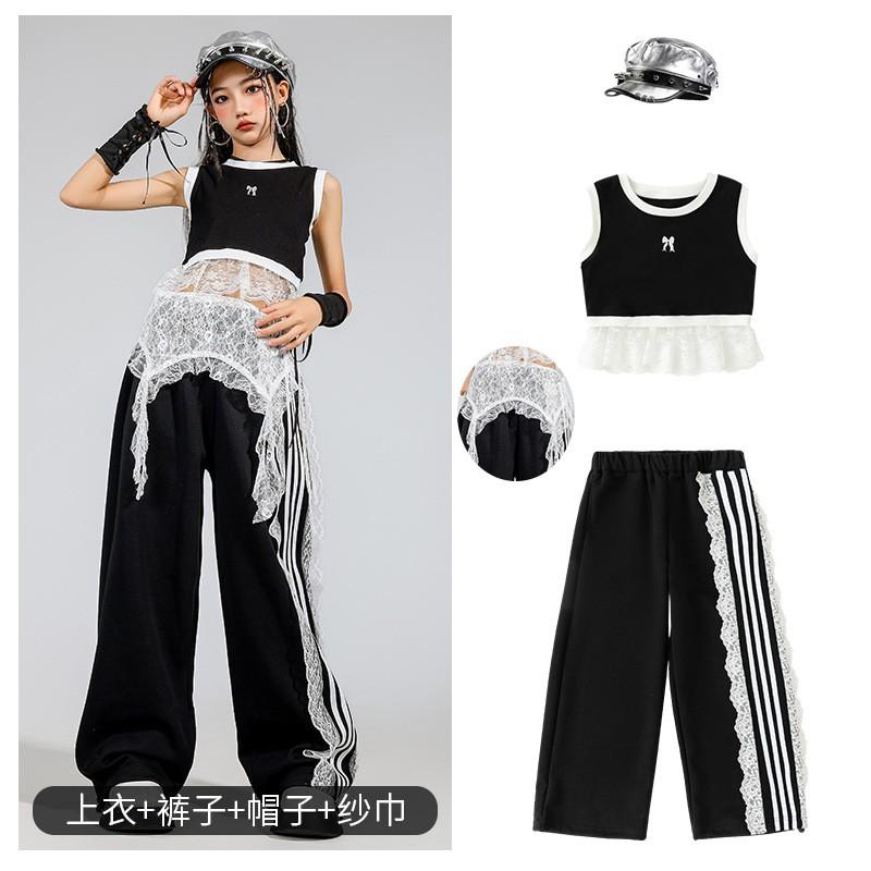 Girls Jazz Dance Outfit Black Crop Top Pants Set Streetwear Performance Costume Kids