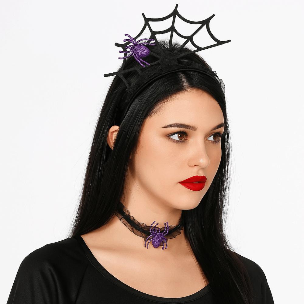 Ruffles Hairband Necklace Set Black Spider Web Hairband Funny Halloween Headband Party