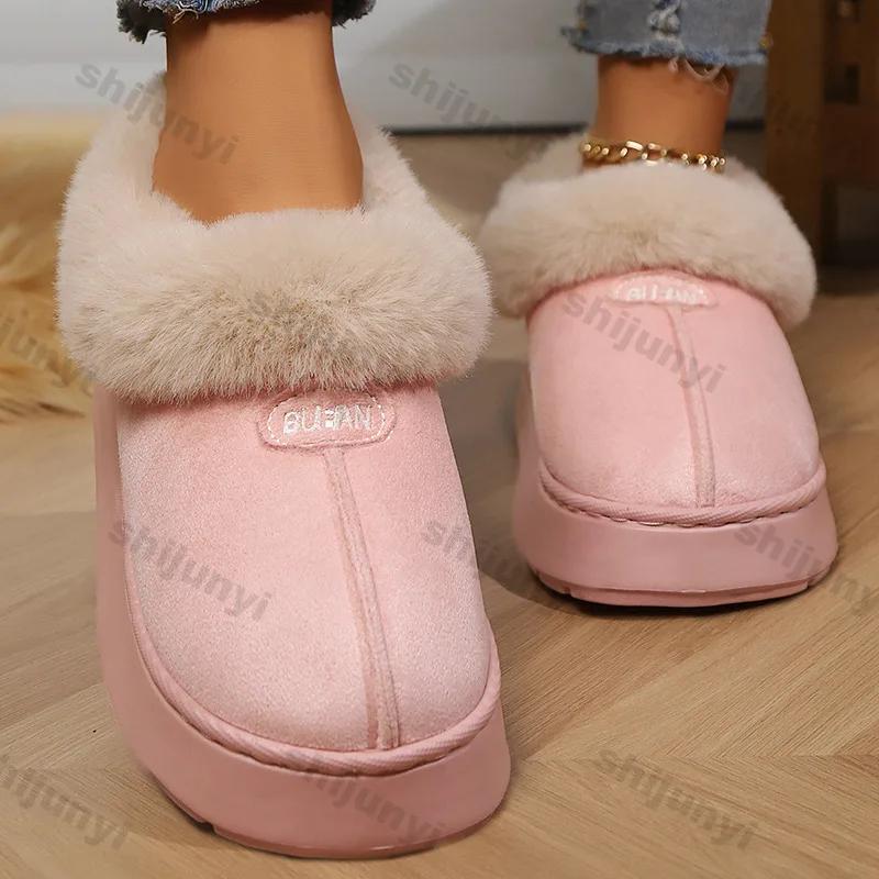 Fashion Women's Flat Warm Faux Fur Snow Boots Winter New Lightweight Slip On Ankle Boots Woman Comfortable Non Slip Slip On Cotton Shoes