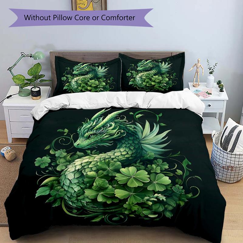 3pcs Green Leaf Dragon Quilt Set - Soft and Comfortable Bedroom, Guest Room and Dorm Decor Bedding Set 1 Quilt Cover + 2 Pillowcases.J063