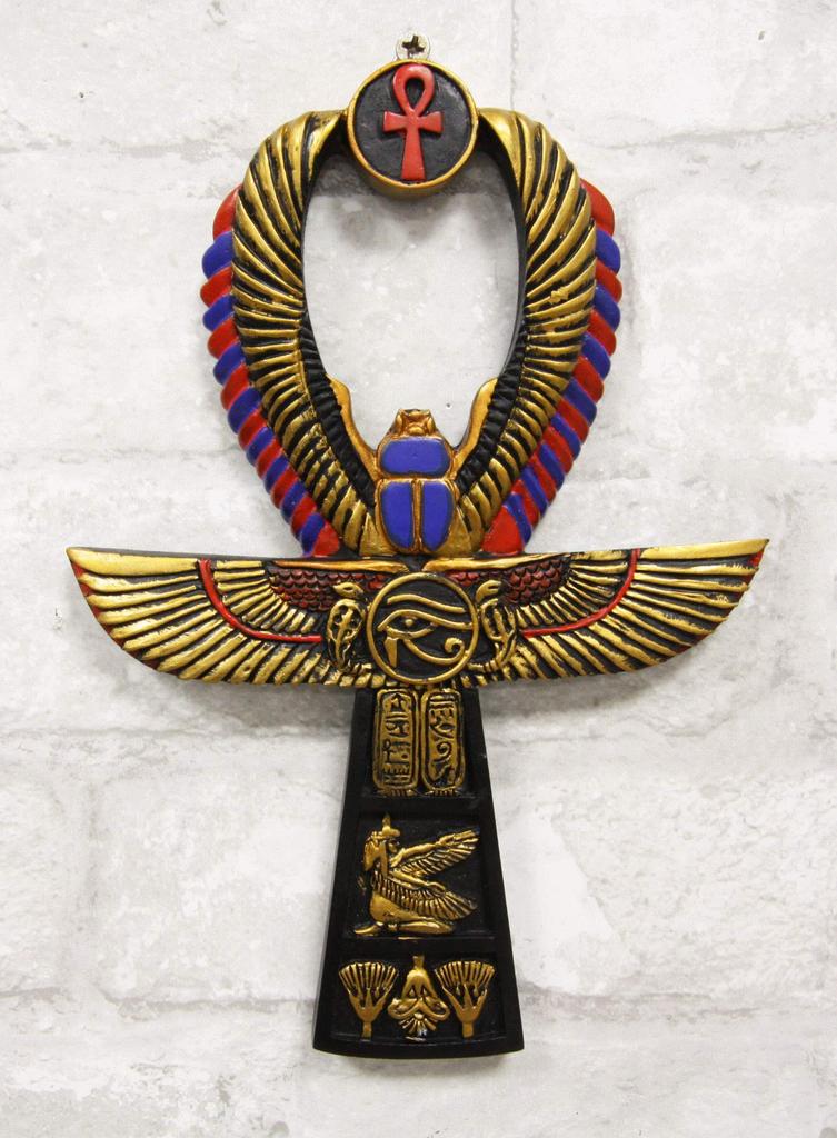 Ebros Crux Ansata Egyptian Golden Ankh with Wings Scarab Matte and Eye of Horus Wall Decor 3D Plaque Figurine Tall Hieroglyph Life Health and Balance