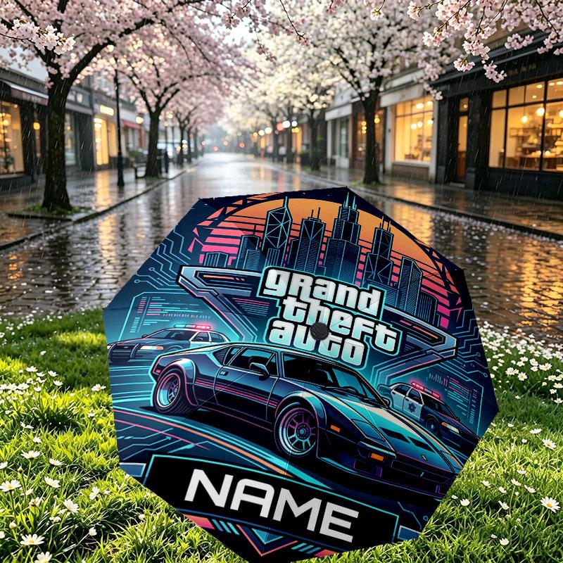 Custom Name Personalized Grand Theft Auto Print Umbrella, Auto Open Close, 8‑Rib Sturdy Frame, Commute Camping Hiking Use, Birthday Gift