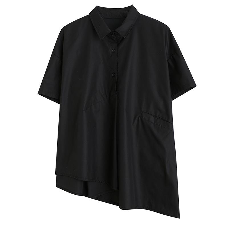 Летняя повседневная женская блузка, топ, свободная однотонная рубашка с короткими рукавами и нерегулярными лацканами