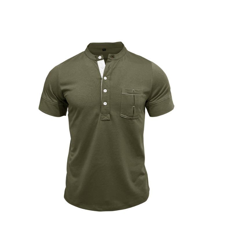Men Black Stand Collar Henley Neck Short Sleeve T Shirt With Chest Pocket Casual Summer