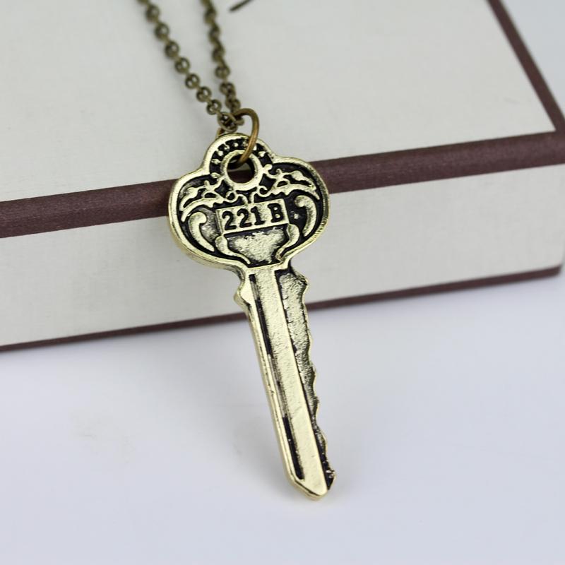 Sherlock 221b House Key Necklace Vintage Key Shape Pendant Necklaces For Women Men Fans Jewelry Cosplay Gifts Accessories