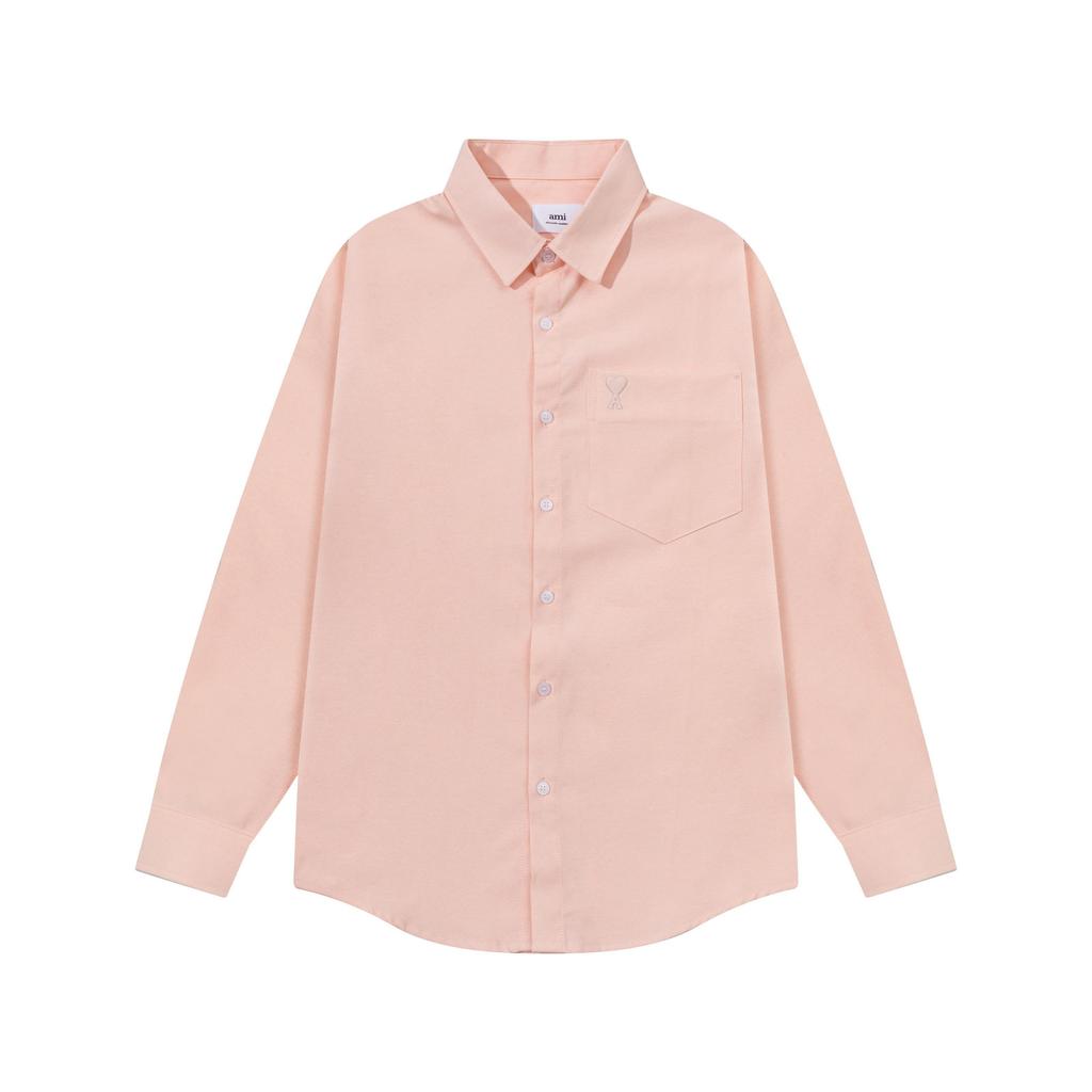 AMI Осень 2025 Новый продукт Нагрудный карман Классическая Невидимая 3D Вышивка Маленькая Любовь Повседневная Хлопковая Однотонная Рубашка с Длинным Рукавом