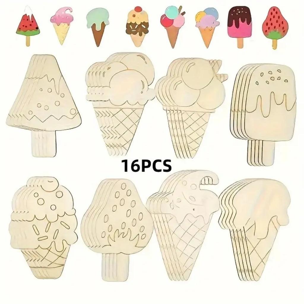 16 Pieces Unfinished Summer Ice Cream Wooden Cutouts, 8 Styles Ice Cream Wood Slices Blank Wooden Paint Crafts Summer DIY Crafts Home Decoration