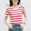Корейская полосатая хлопковая футболка с короткими рукавами женская летняя повседневная нишевая дизайнерская шикарная свободная футболка с вышитым медведем