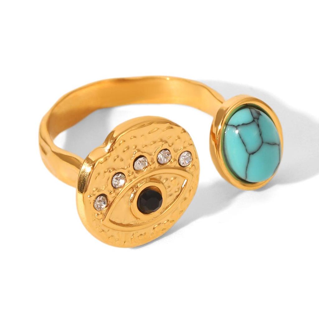 Women's Colorfast Retro Stainless Steel Ring with Natural Stone, Open & Versatile Titanium Steel Design