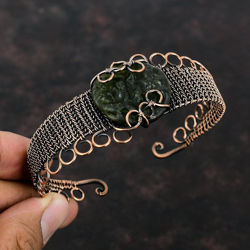 Moldavite Bangle Copper Wire Wrapped Adjustable Cuff Bracelet Handmade Bangle Copper Wire Wrap Jewelry Gemstone Cuff Bracelet Gift For Mom