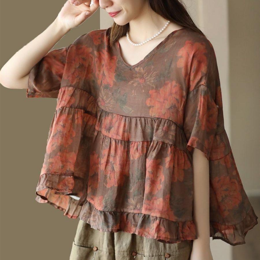 Весна Лето Новая Винтажный Принт Женская Рами Пуловер Рубашка с Элегантной Лоскутной Детской Рубашкой