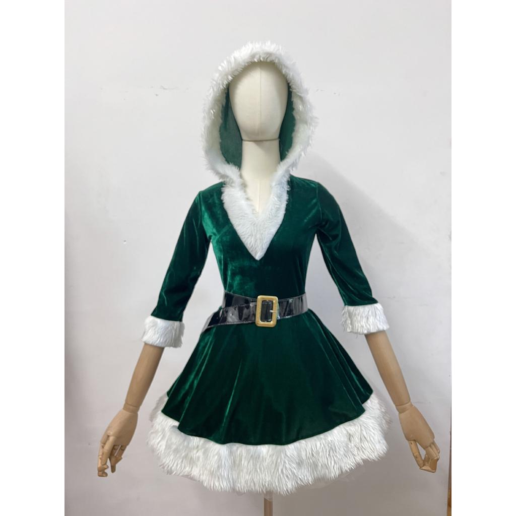 Рождественский костюм Санты для женщин, карнавальный набор, с капюшоном и V-образным вырезом (Красный зеленый), Сексуальное праздничное платье для острой девушки с поясом