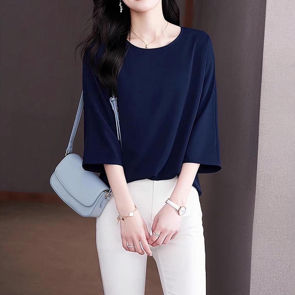 Блузка для свободного летнего делового стиля [Lalapala] Женская, рукав 3/4, летняя, шифоновая, топ, приталенная, простая, тонкая, шелковистая, пуловер, костюм, нижнее белье, шелковистая,