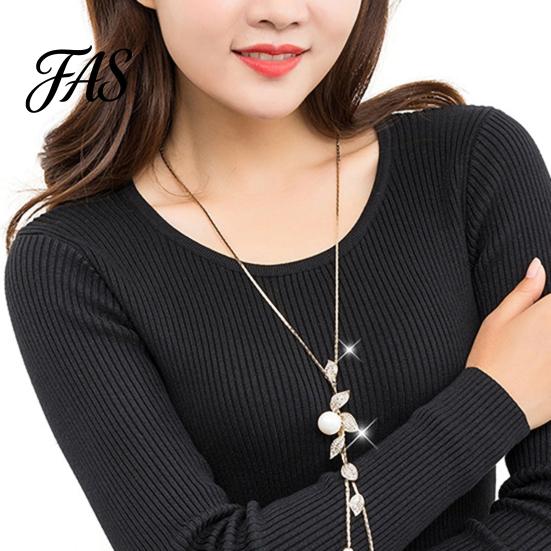 Necklace Faux Pearl Tassel Leaves Pendant Exquisite Beautiful Accessories Sweater Chain Jewelry Gift for Women