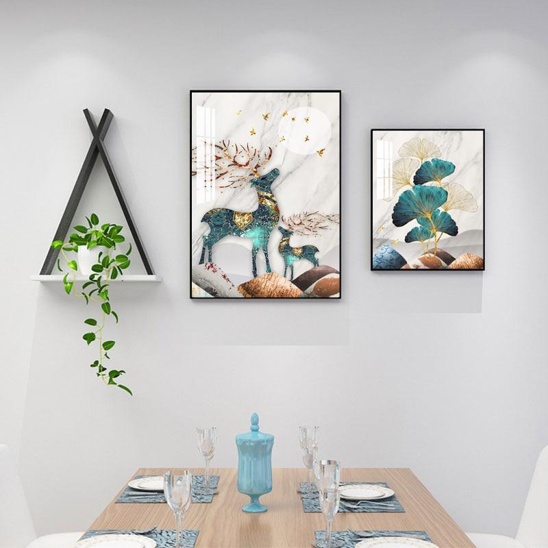 Современный роскошный лист гинкго, холст, картина, постер, золотые растения, лось, художественные принты, рождественское украшение, картина, эстетичный декор для комнаты, стены