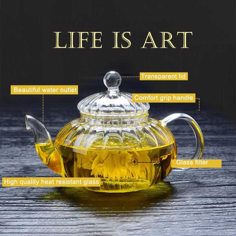 Heat Resistant Glass Pot 600ml Striped Pumpkin Shape Flower Teapot Glass Teapot with Infuser Tea Leaf Herbal Flower TeaCup