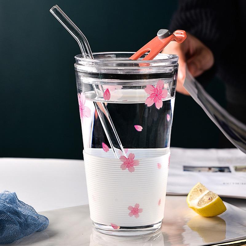 Дорожная стеклянная кофейная кружка Cherry Blossom, уличная термостойкая чашка с нескользящей крышкой, прозрачная чашка для завтрака с молоком