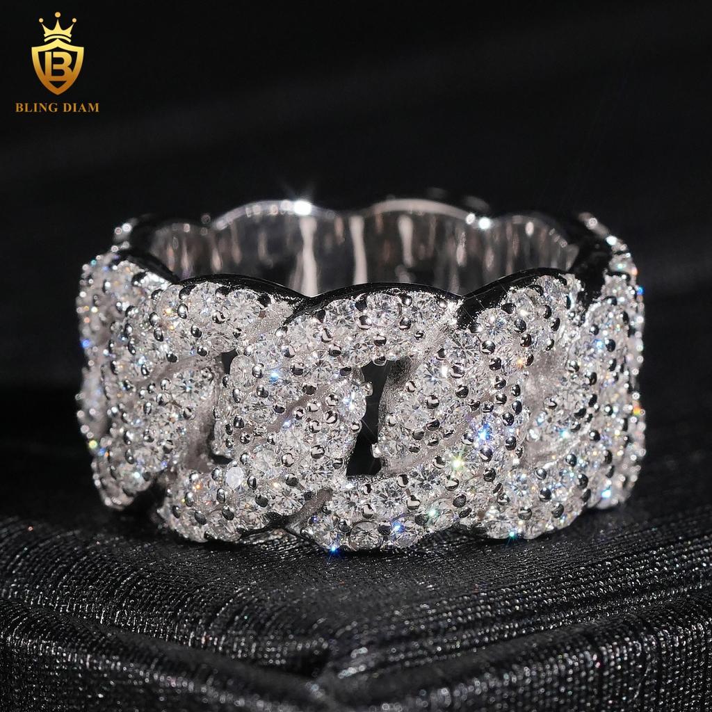 Iced Out 2 Rows VVS Moissanite Cuban Link Ring Pass diamond Tester Sterling 925 Silver Hip Hop Ring Men Women Fine Jewelry