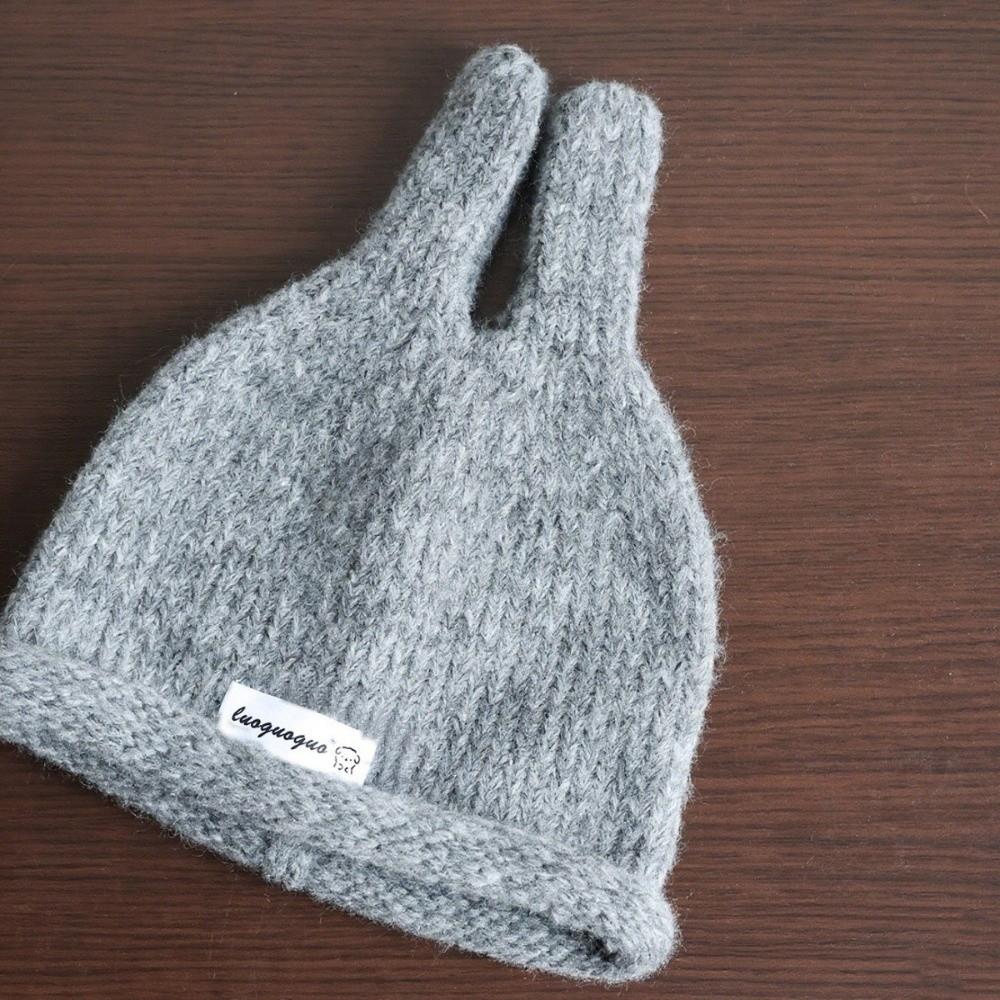 Soft Knitted Kids Pullover Hat Rolled Edge Rabbit Ear Knit Hat Cute Baby Beanie  For Boys Girls