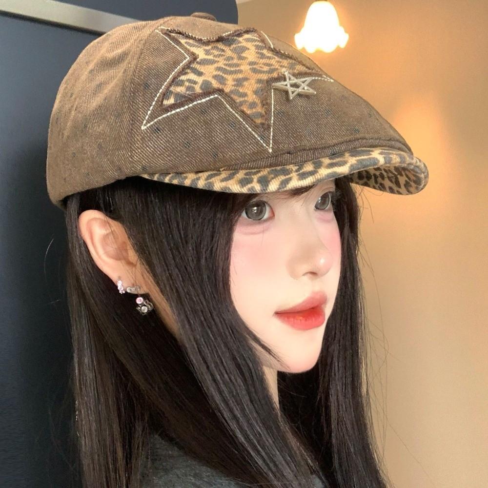 Leopard Denim Beret Hat Star Rivet Baseball Hat New Newsboy Cap Y2K