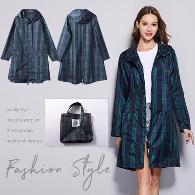 Женский длинный плащ в зеленую клетку Fastion, водонепроницаемая куртка-дождевик, пальто, походная ветровка