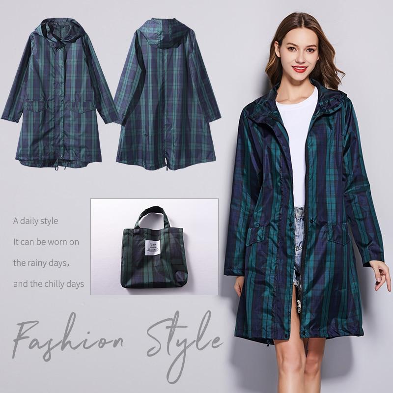Женский длинный плащ в зеленую клетку Fastion, водонепроницаемая куртка-дождевик, пальто, походная ветровка