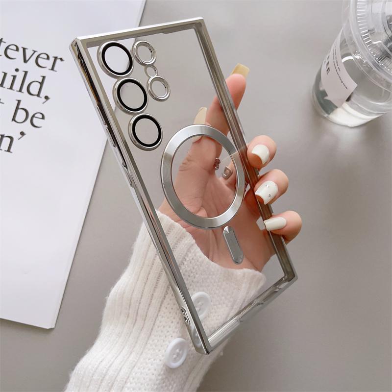 Luxury Transparent Plating For Magsafe Case For Huawei Mate 40 Samsung Galaxy S22 S23 S21 Ultra Plus Wireless Charge Silicone Clear Cover Cases