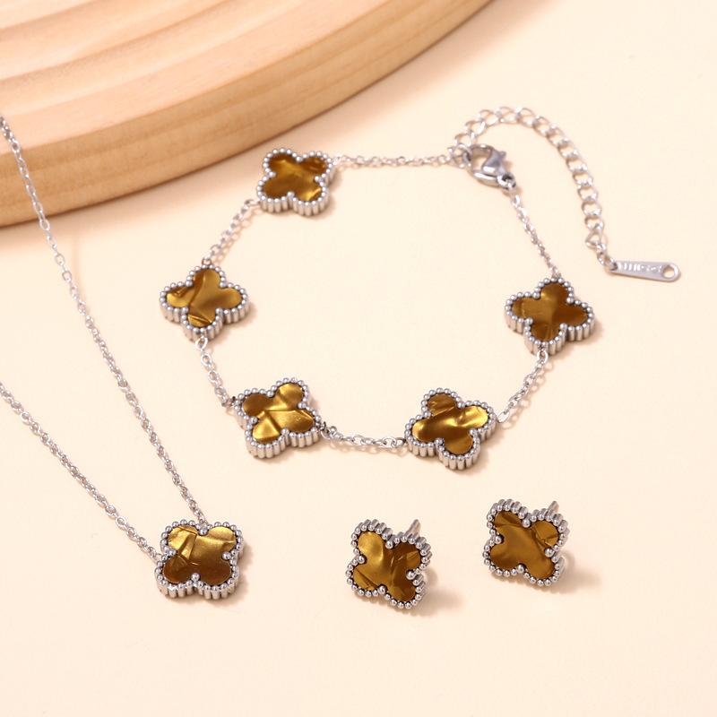 3PCS Double-sided Clover Jewelry Necklace Bracelet Earring Set