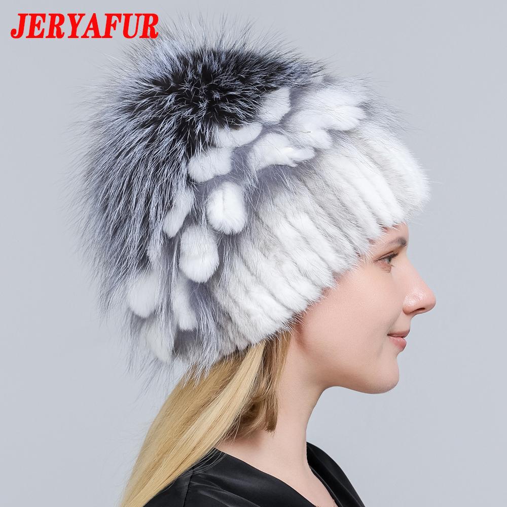 JERYAFUR Женская шапка из натурального меха норки, помпон из лисы, цветы кролика, стильная теплая модная зимняя шапка из натурального меха для девочек, вязаная