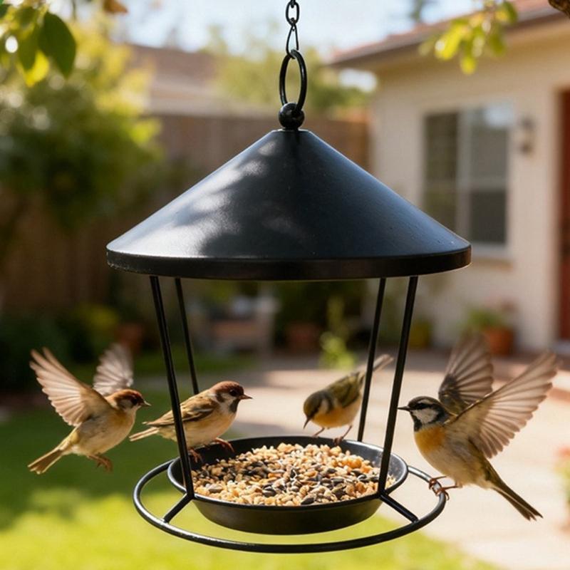 Easy Installation Hanging Iron Bird Feeder With Decorative Rings Design For Garden Decoration Outdoor Accessory