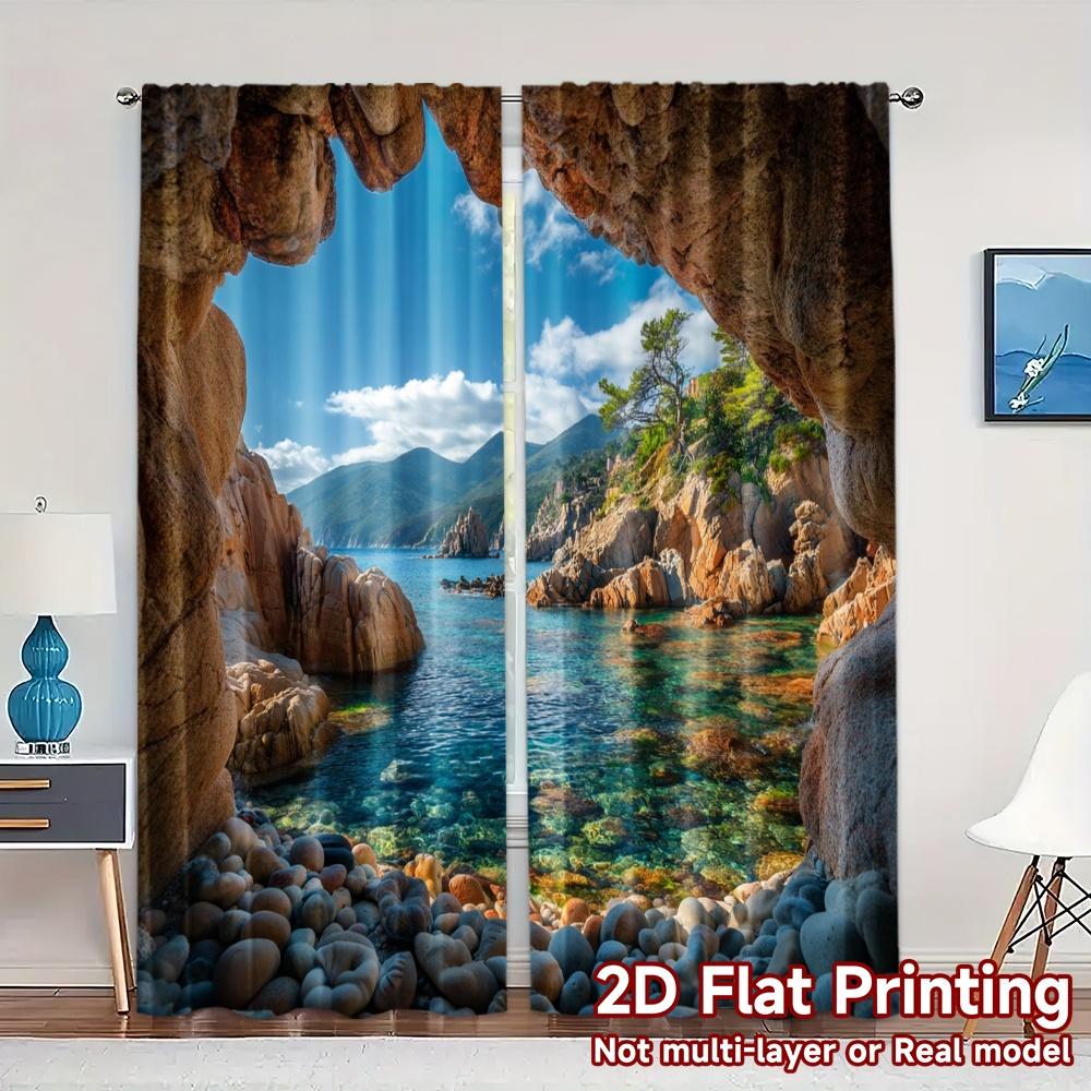 2pcs, 2D FLAT PRINTING Curtains (Without Rod) Coastal Haven Popular Light Filtering Curtains Durable Polyester Curtains