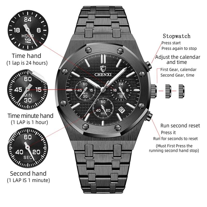 Chenxi Top Luxury Brand Auto Date Wristwatch Mens Sport Waterproof Multi Function Chronograph Stainless Steel Wristwatches