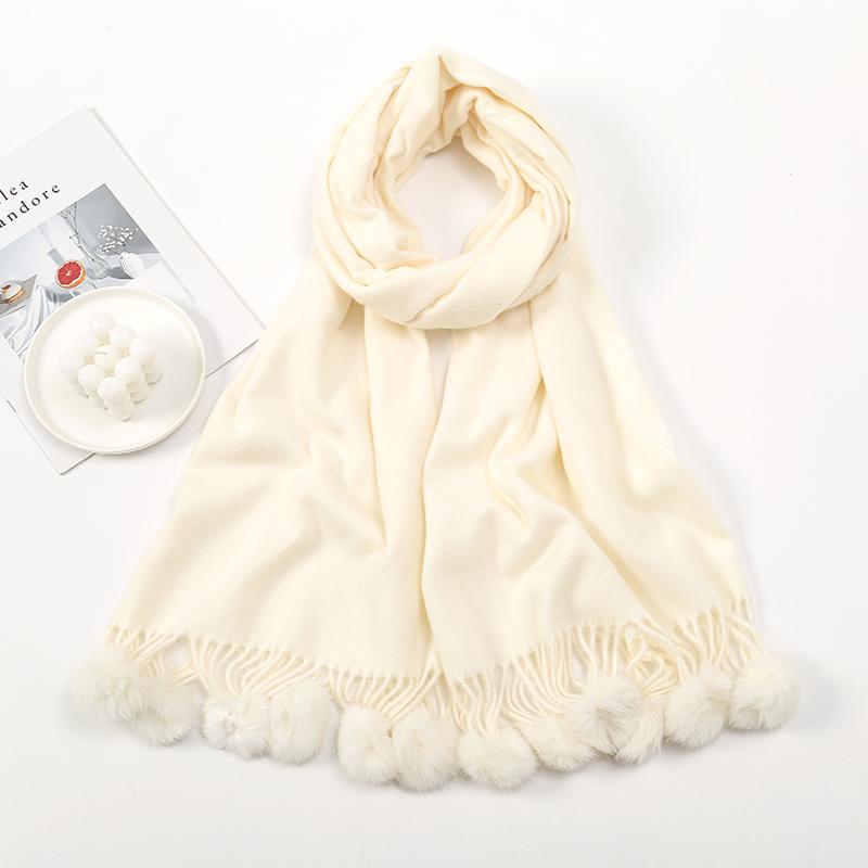 Women Warm Scarf With Rabbit Fur Ball Pashmina Thick Scarves Shawls Winter Cashmere Pompom Scarf Ladies Oversize Blanket Wrap