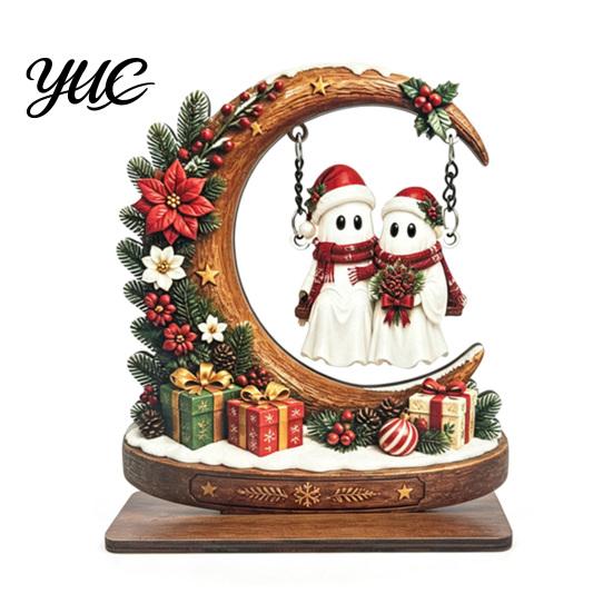 Compact Festive Tabletop Accents Wooden Christmas Tree Ornament, Santa Snowman Reindeer Crescent Moon Swing Desktop Ornament Decor for Home