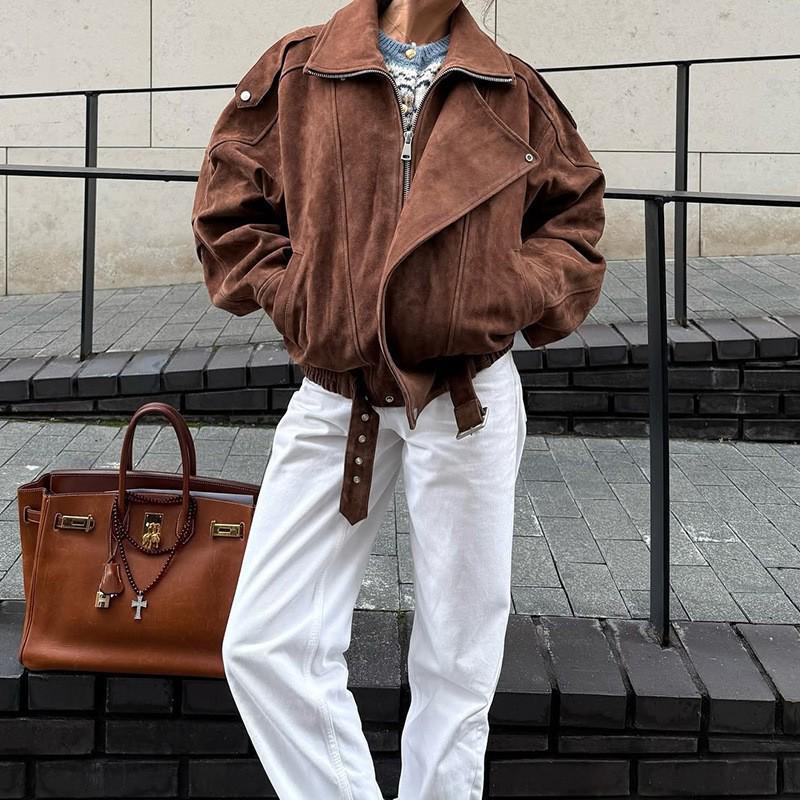 Европейская и американская женская ретро-куртка, коричневая, повседневная, свободного кроя (2025)