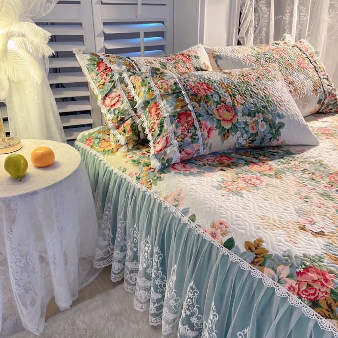 Роскошные американские постельные принадлежности с цветочным принтом, 100% хлопок, стеганые кружевные оборки, юбка-кровать, наматрасник, покрывало, наволочки, скандинавский размер 1/3 шт.