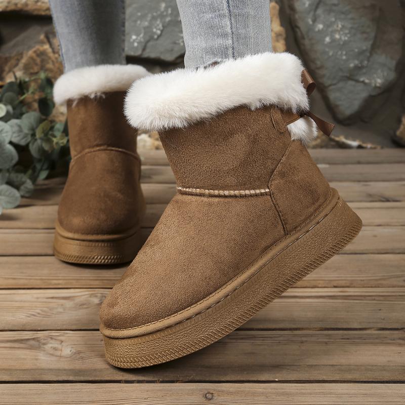 Sweet Bowknot Decoration Suede Snow Boots Women 2025 Soft Thick Bottom Ankle Boots Women Warm Faux Fur Non Slip Winter Shoes