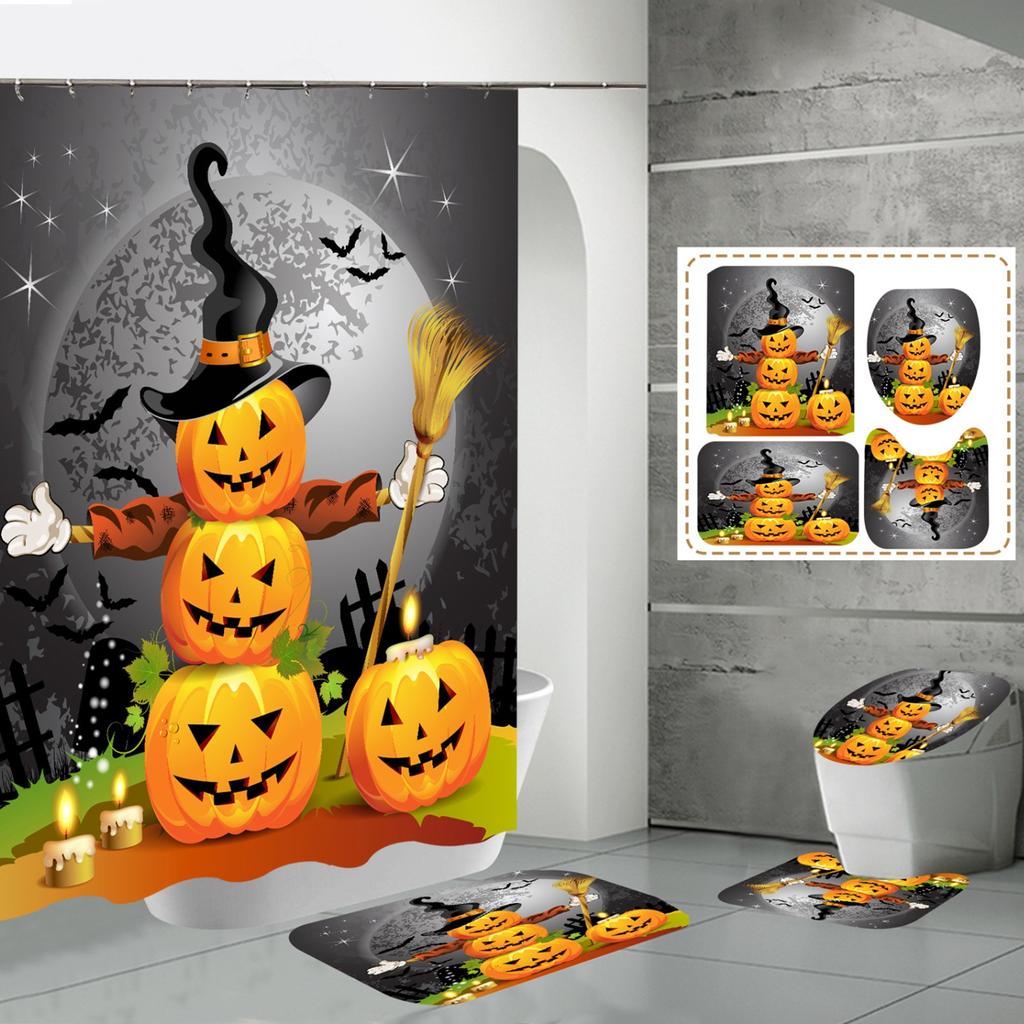Halloween Printed Bathroom 4-Piece Set, Shower Curtain + Floor Mat + U-Shaped Mat + Toilet Seat Mat, Waterproof And Punch-Free, With 12 Hooks