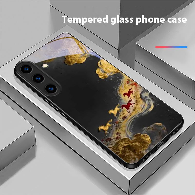Золотой конь скачет Для Для Samsung Galaxy S25+ S24+ S26 Ultra S25 Edge S24 FE S23 S22 S21 S20 Plus Черный Стеклянный Чехол для Телефона