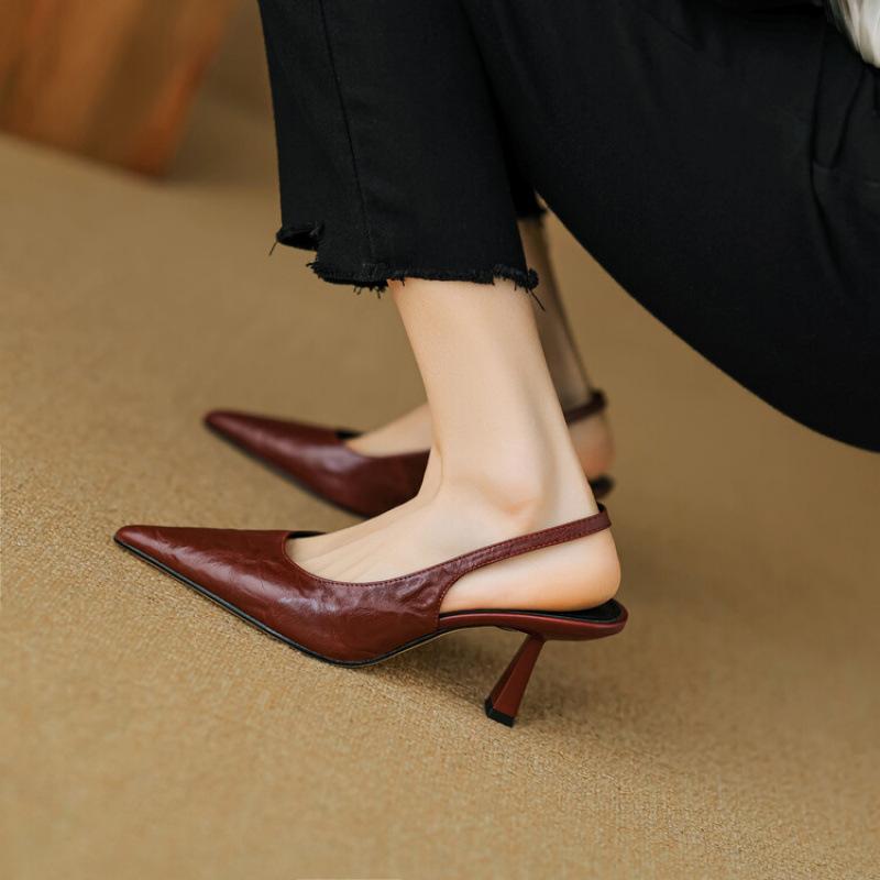 New Sandals Women's Summer Women's Bag Head Sandals Leather Comfortable Pointed Rear Air Heel Large Size Beef Tendon Sole Non-slip