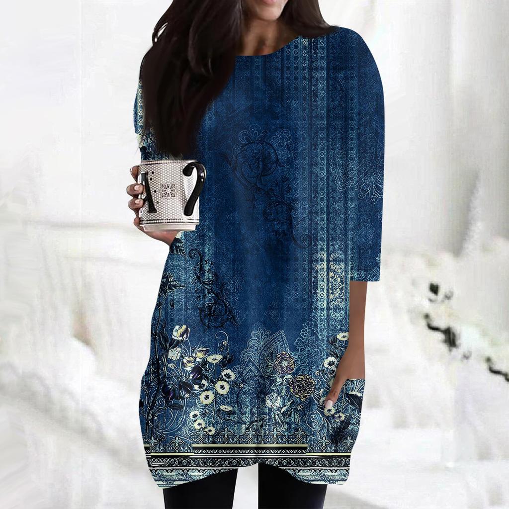 Женские повседневные рубашки с рукавами 3/4, модные туники с принтом, топы с карманами