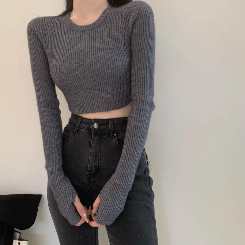 Женский базовый свитер повседневный круглый вырез женский вязаный свитер тонкий однотонный короткий топ женская одежда