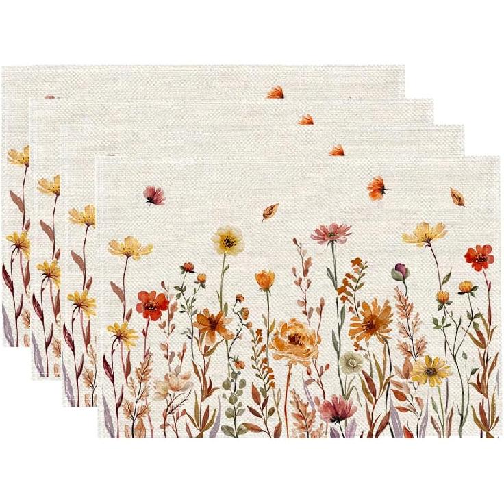 RABUSOFA Floral Fall Placemats Set of 4 for Table Runner, Flower Autumn Thanksgiving Kitchen Dining Table Decoration for Indoor Party 12x18 Inch