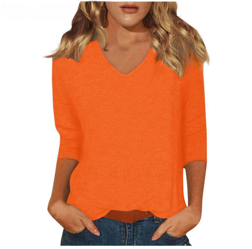 Women's Daily Versatile Casual V-Neck Solid Color Seven-Sleeve T-Shirt Top